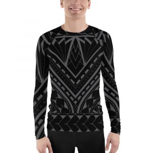 Maori Tattoo Men's Rash Guard - Long Sleeve Gunmetal Gray Inspired Polynesian Ta Moko Rashguard - Sun Protection UPF Swim Shirt for Surf