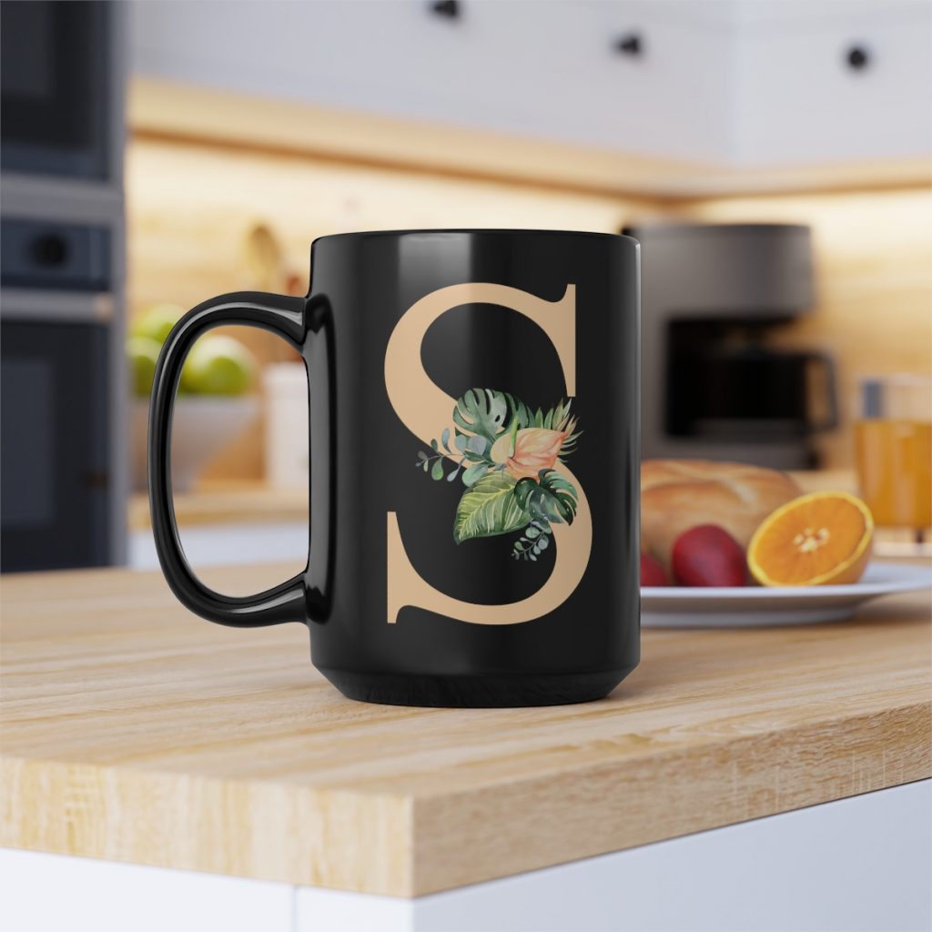 floral monogram gold letters ceramic coffee mug