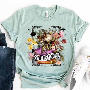 skull and flowers reading shirt